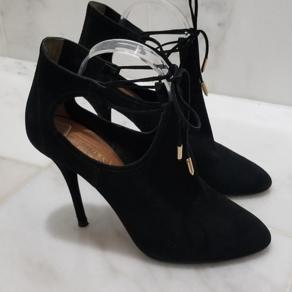 Aquazzura Babe Suede Booties Black 39.5 Ankle Wrap - Picture 15 of 16